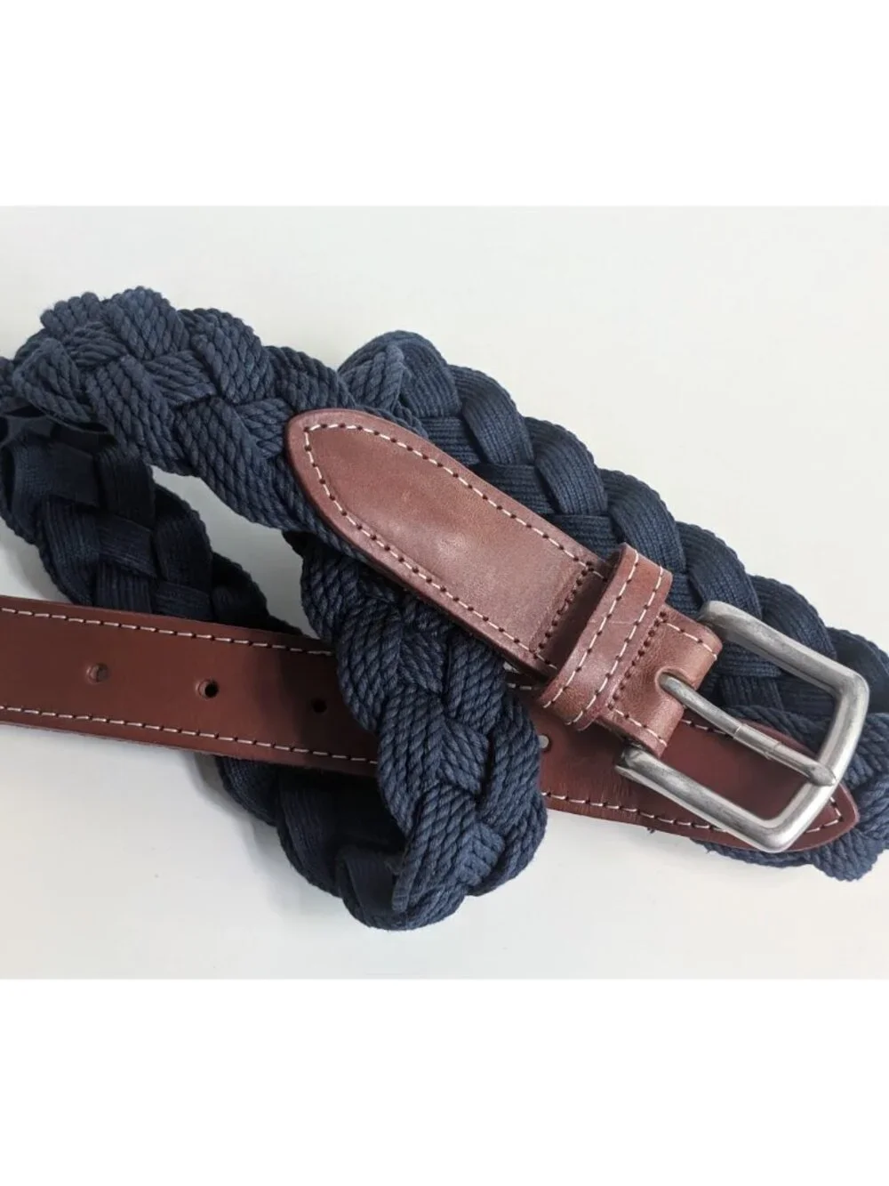 Vineyard Vines Mens Leather & Braided Rope Club Belt Navy Color Size:34 NWOT